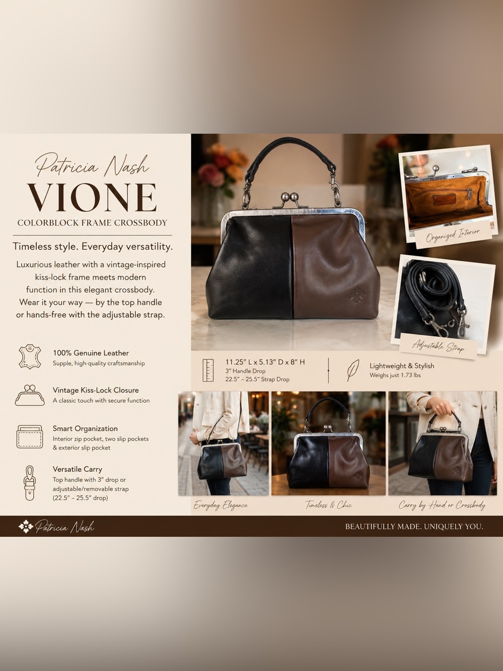 Vintage-Inspired Two-Tone Leather Top Handle Crossbody Bag - Black & Brown